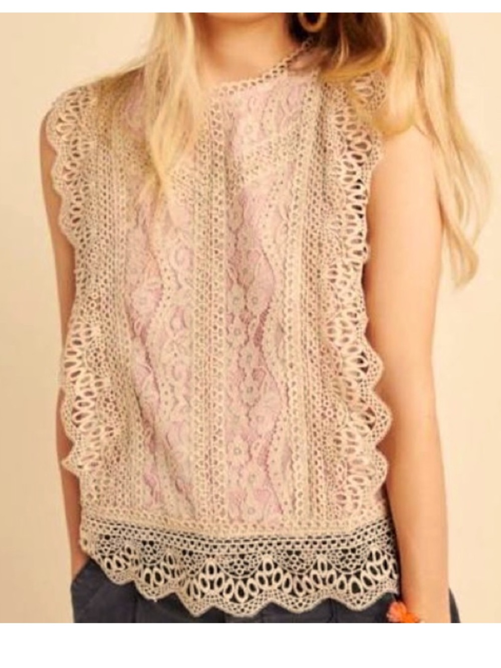 Sleeveless Lace Crochet Overlay Top in Blush Pink